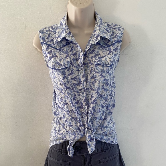 Wrangler beautiful horses pattern Sleeveless Blue and White Button-Down Shirt - Picture 1 of 8